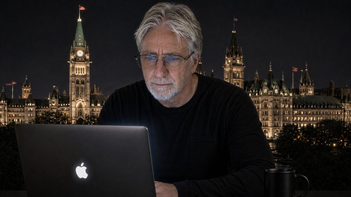 Bruce Elliot working at his laptop with Parliament Hill behind him